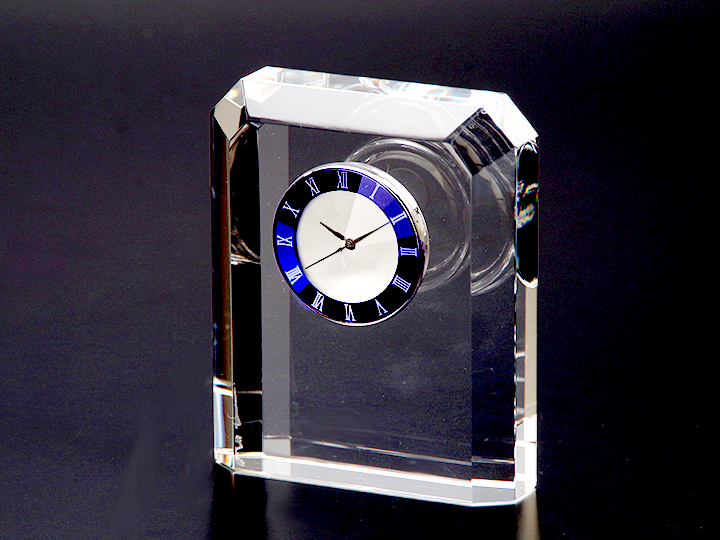 【クリスタルガラス記念品】クリスタル時計オーナメント　青時計　BCWC-37-Blue