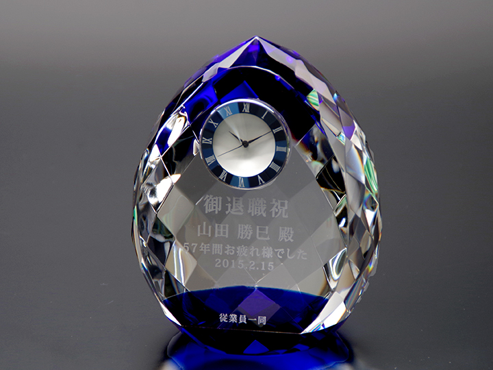 【クリスタルガラス記念品】ブルー・フルーツカット・クリスタル時計　COWC-DRCT-120-B