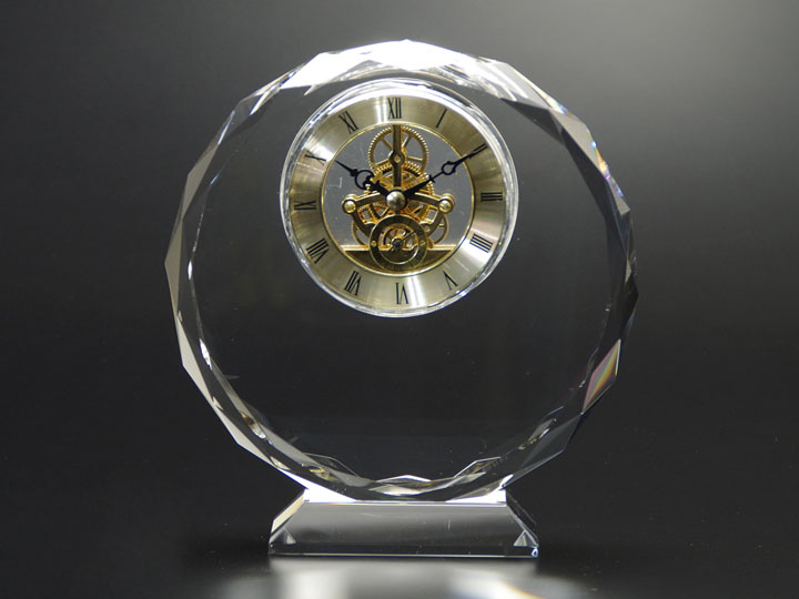 【クリスタルガラス記念品】ラウンド・カット・クリスタル　スケルトン時計オーナメント