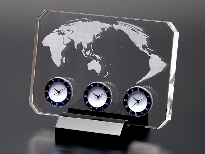 【クリスタルガラス記念品】クリスタル世界時計（青） 小サイズ COWC-15EC-28.4-BLUE（A6）